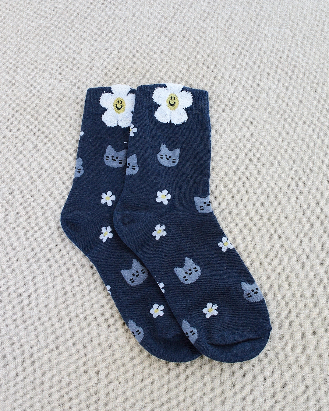 chaussettes chat bleu marguerites